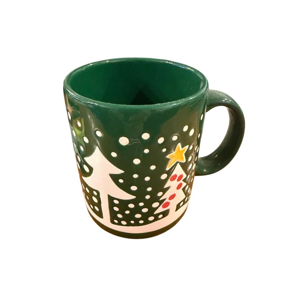 Vintage Waechtersbach Green Xmas White Tree Falling Snow Porcelain Coffee Mug